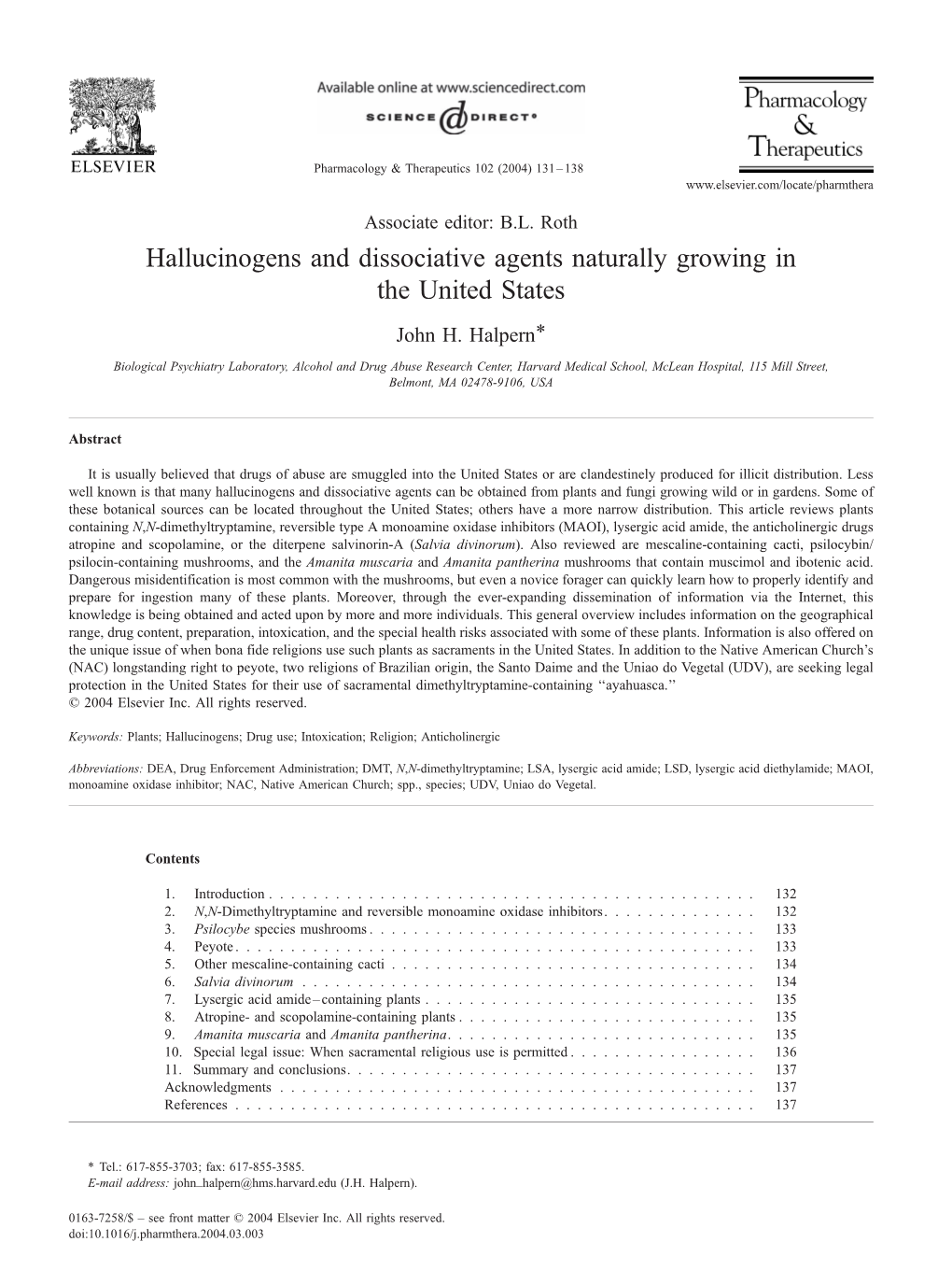 Hallucinogens and Dissociative Agents Naturally Growing in the United States