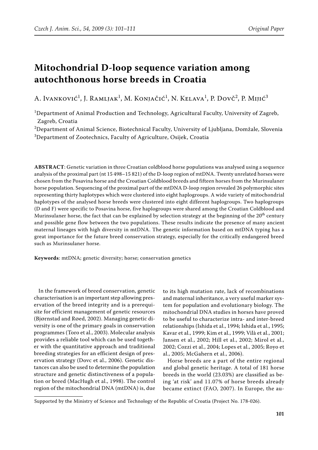 Mitochondrial D-Loop Sequence Variation Among Autochthonous Horse Breeds in Croatia