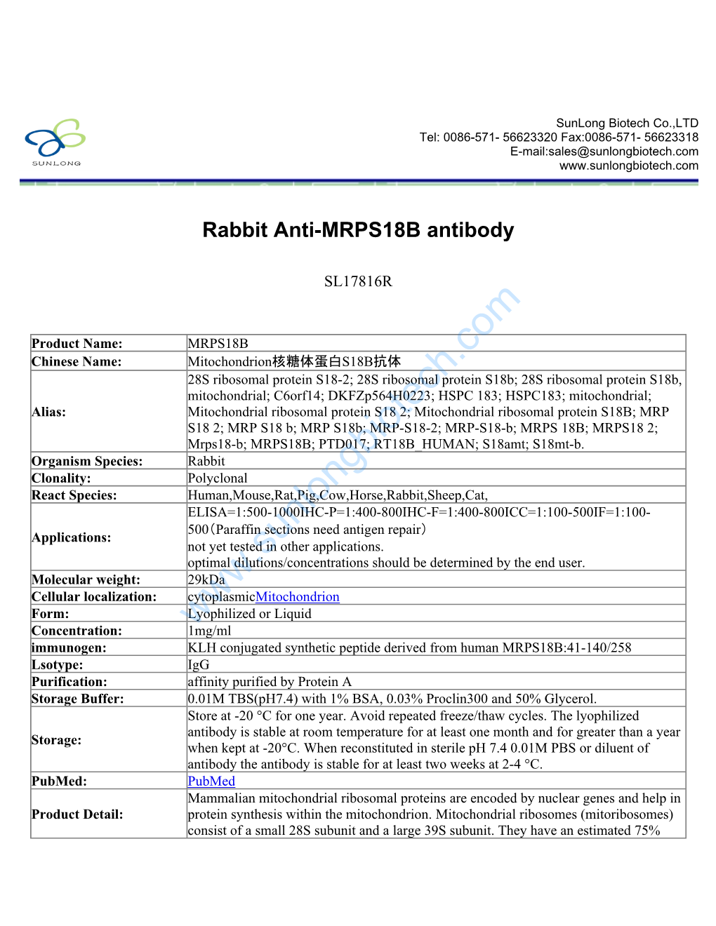 Rabbit Anti-MRPS18B Antibody-SL17816R