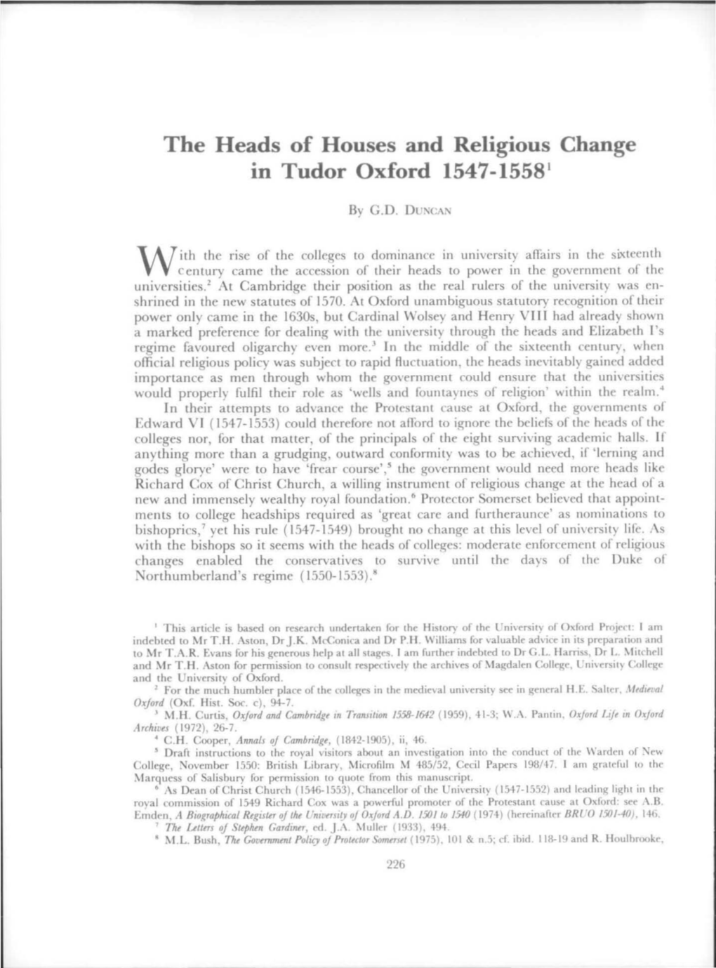 The Heads of Houses and Religious Change in Tudor Oxford 1547-15581