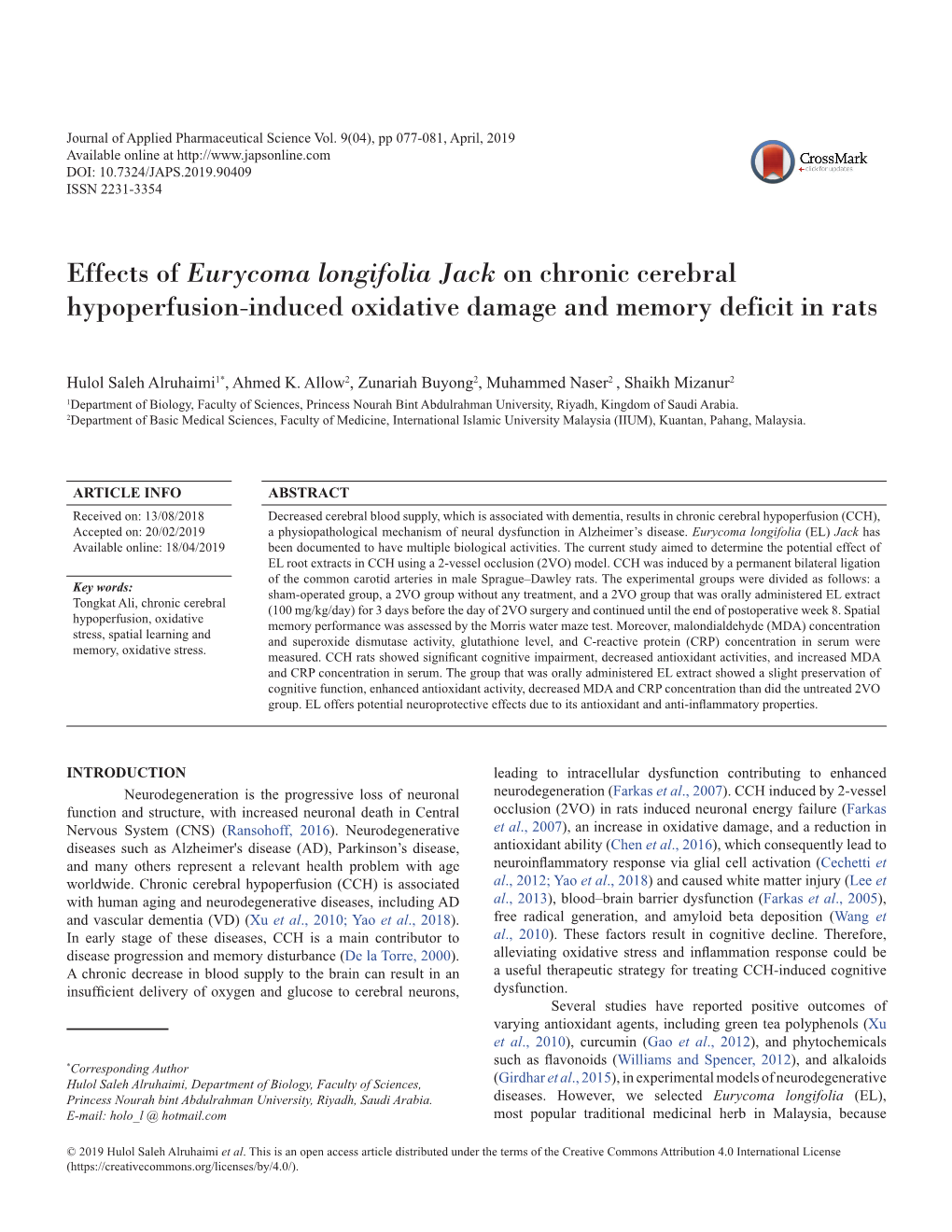 Effects of Eurycoma Longifolia Jack on Chronic Cerebral Hypoperfusion-Induced Oxidative Damage and Memory Deficit in Rats