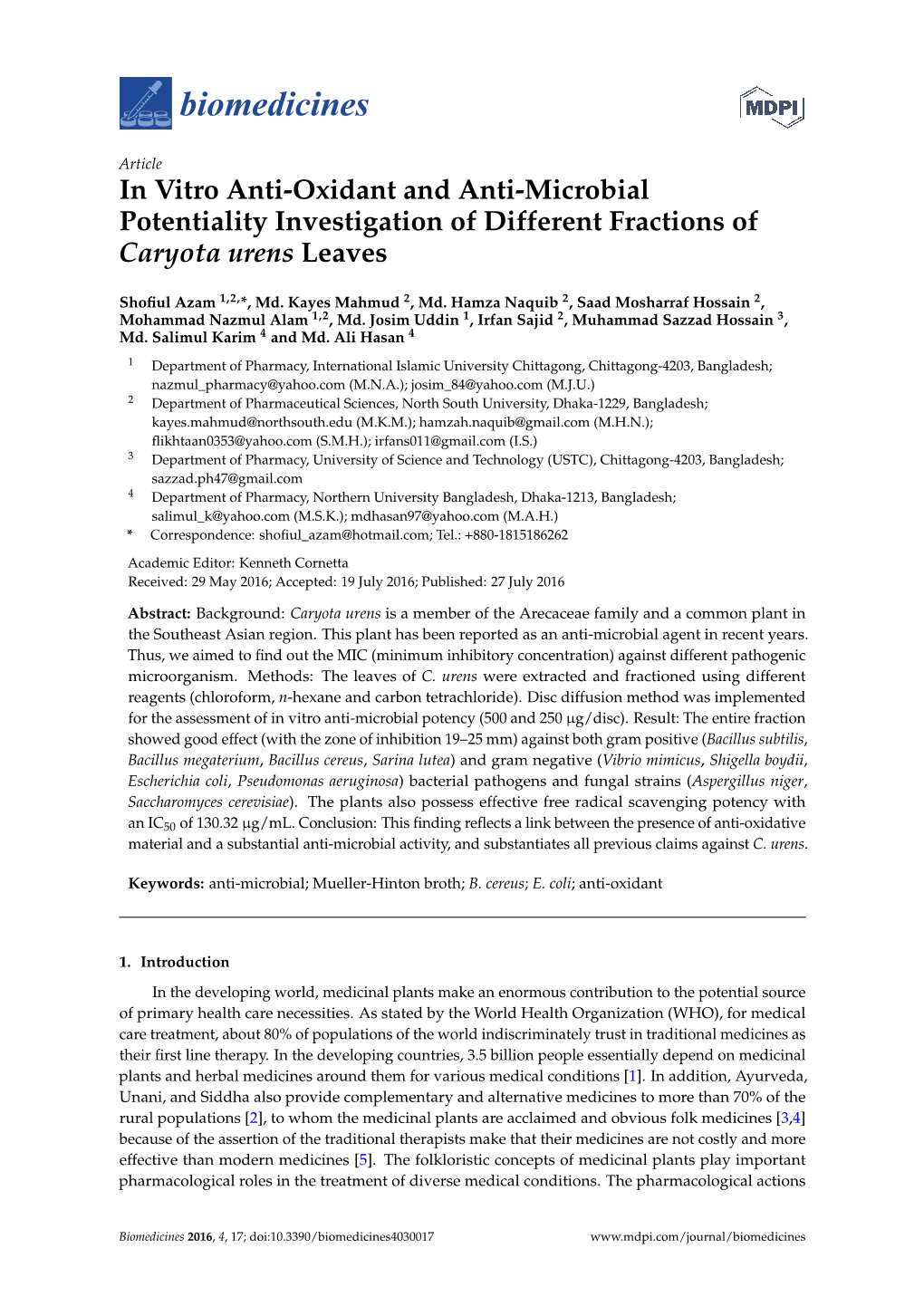 In Vitro Anti-Oxidant and Anti-Microbial Potentiality Investigation of Different Fractions of Caryota Urens Leaves