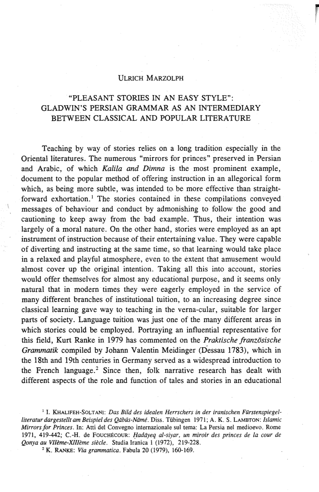 Gladwin's Persian Grammar As an Intermediary Between Classical and Popular Literature