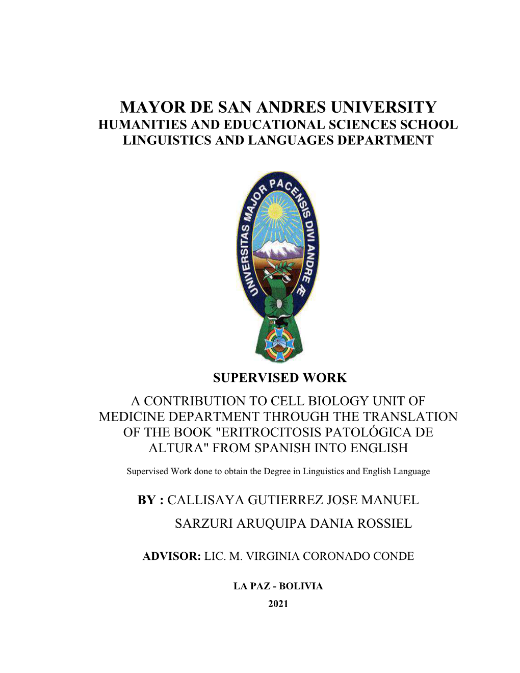 Mayor De San Andres University Humanities and Educational Sciences School Linguistics and Languages Department