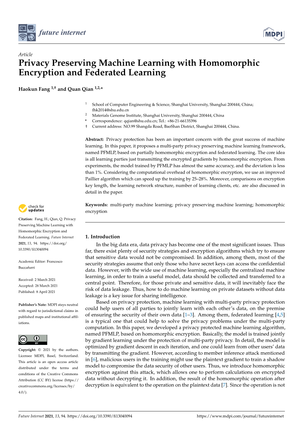 Privacy Preserving Machine Learning with Homomorphic Encryption and Federated Learning