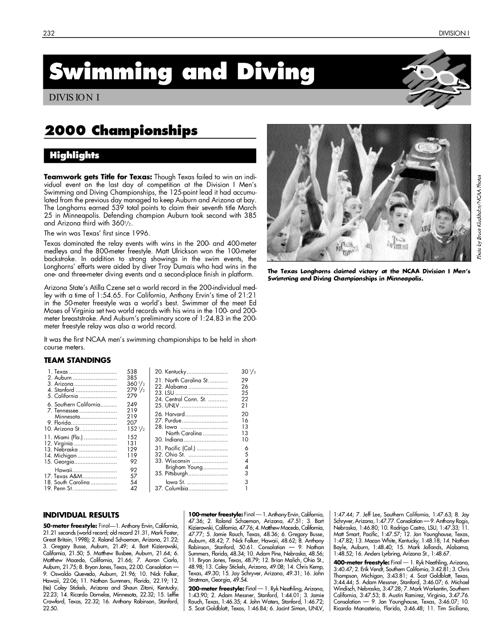 1999-00 NCAA Men's Swimming and Diving Championships Records