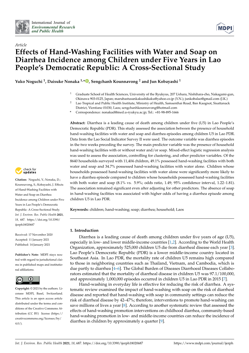 Effects of Hand-Washing Facilities with Water and Soap on Diarrhea