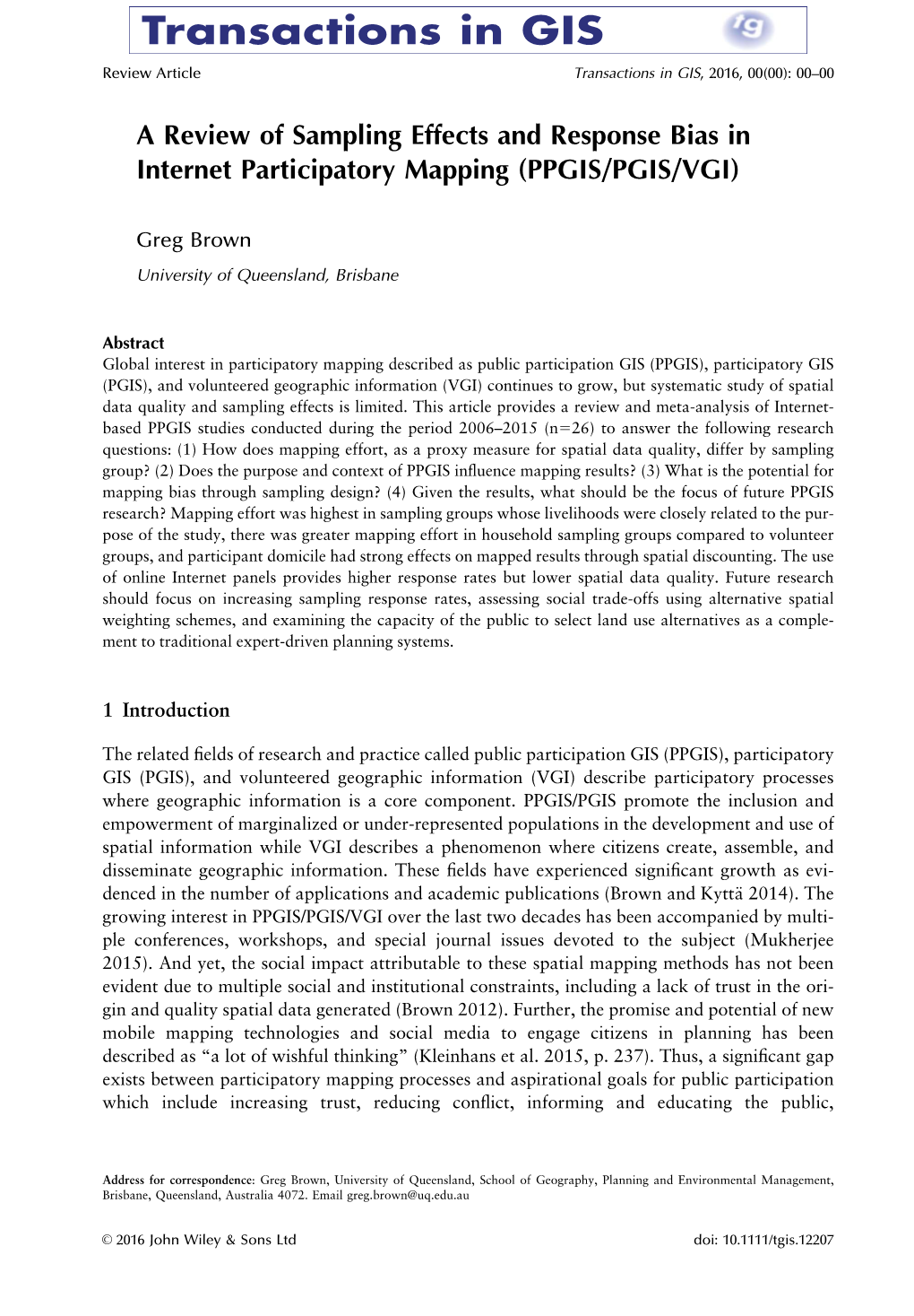 A Review of Sampling Effects and Response Bias in Internet Participatory Mapping (PPGIS/PGIS/VGI)