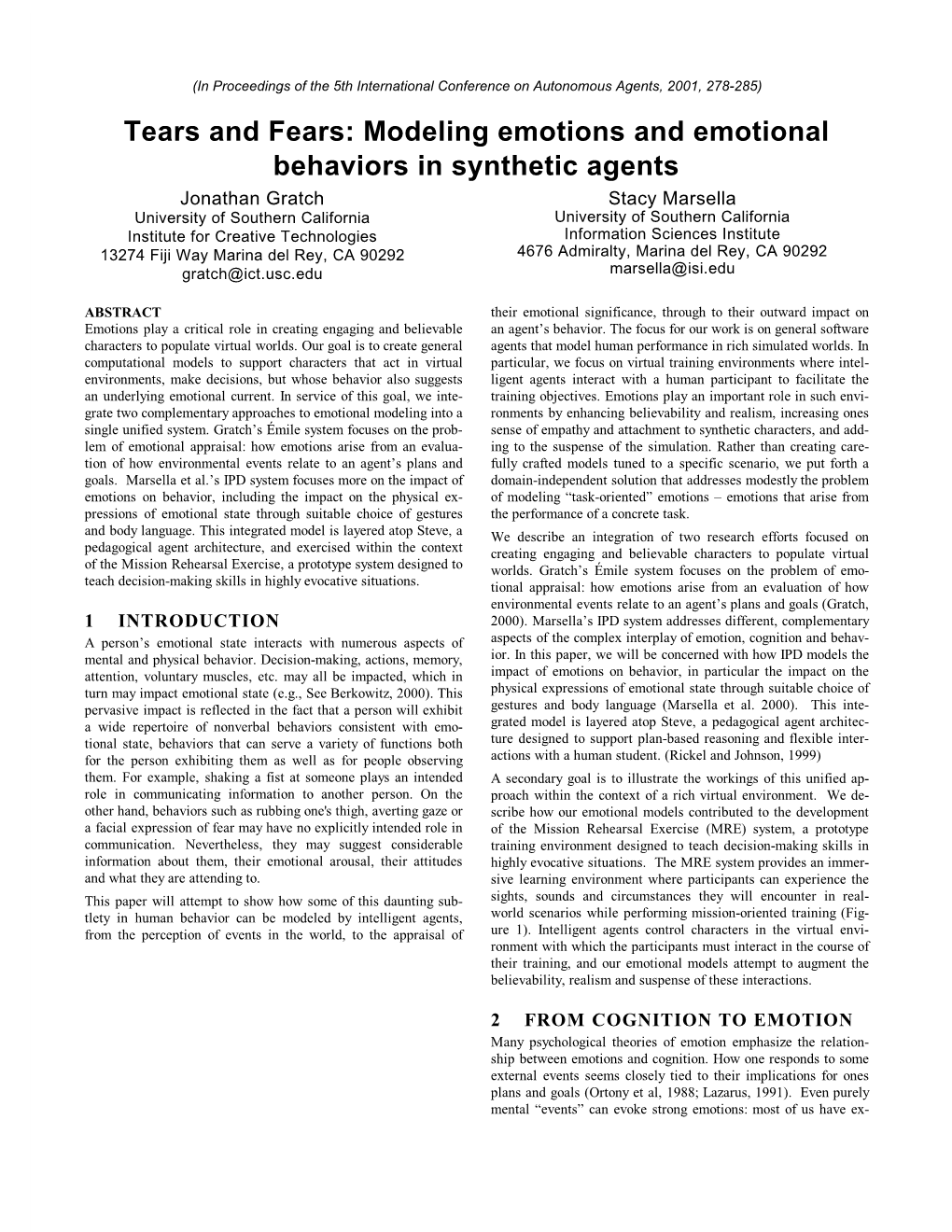 Modeling Emotions and Emotional Behaviors in Synthetic Agents