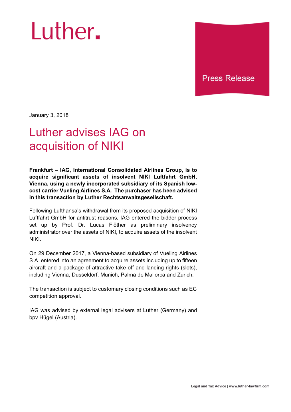 Luther Advises IAG on Acquisition of NIKI