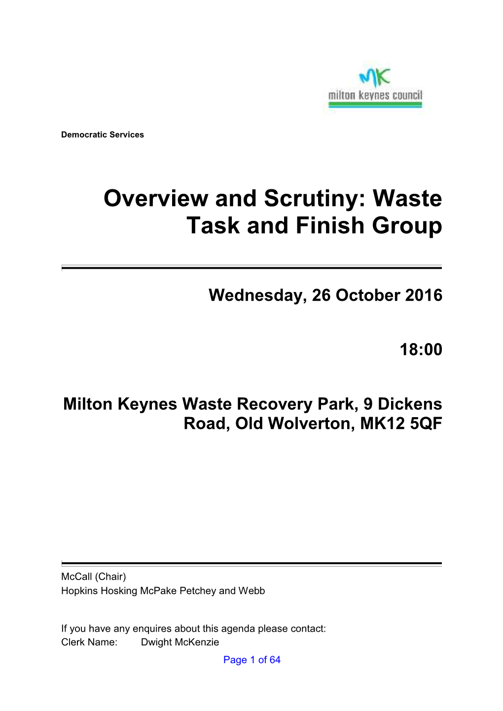 Overview and Scrutiny: Waste Task and Finish Group