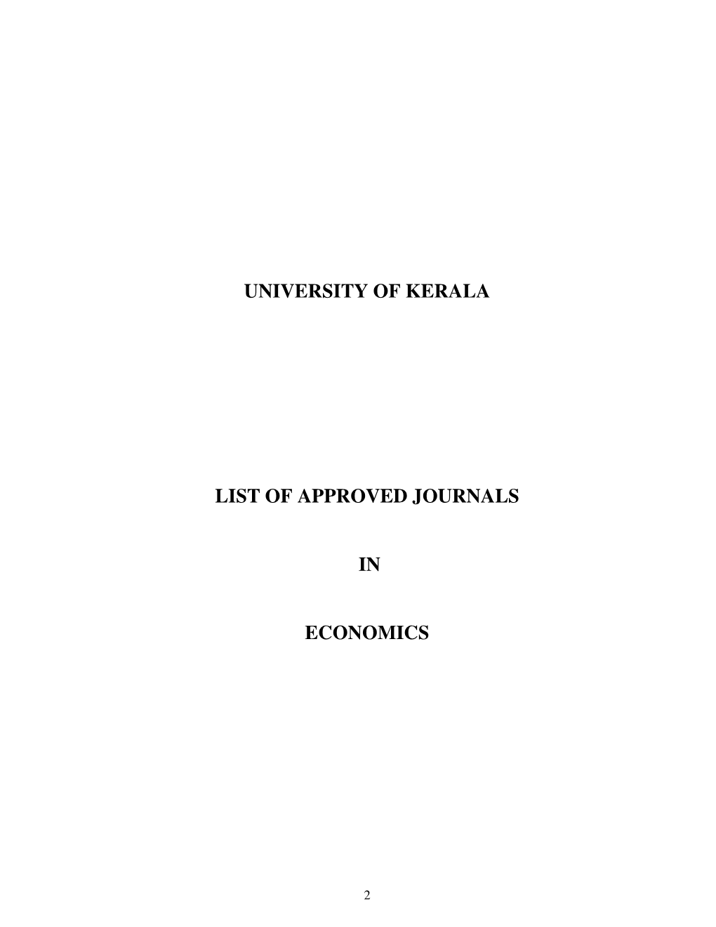 UNIVERSITY of KERALA List of Approved Journals in Economics