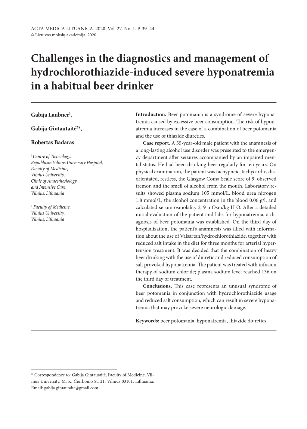 Challenges in the Diagnostics and Management of Hydrochlorothiazide-Induced Severe Hyponatremia in a Habitual Beer Drinker