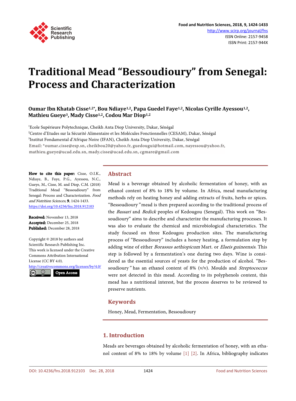 Traditional Mead “Bessoudioury” from Senegal: Process and Characterization