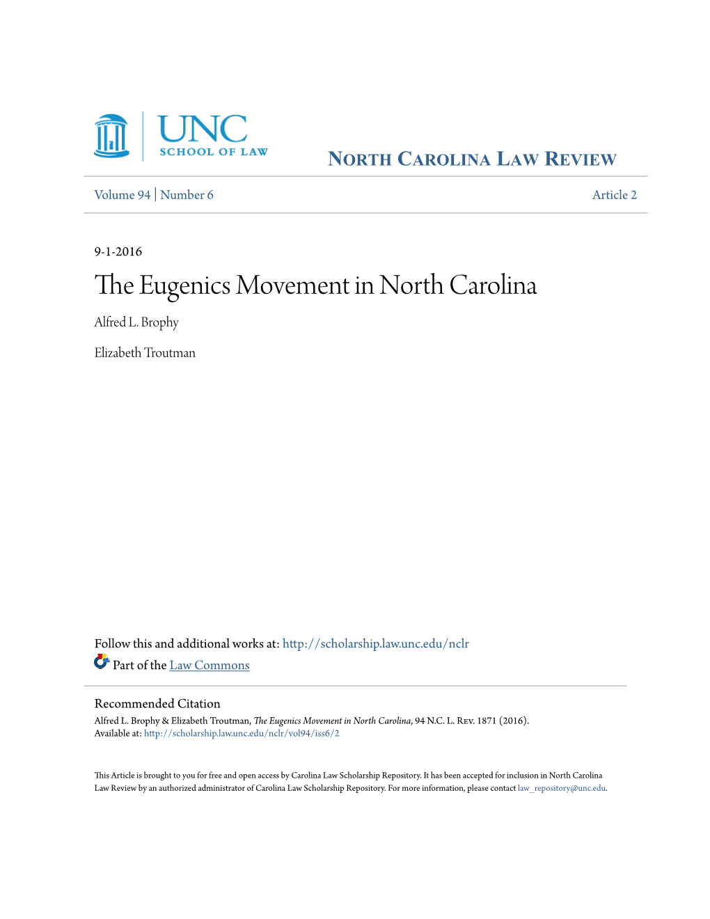 The Eugenics Movement in North Carolina, 94 N.C