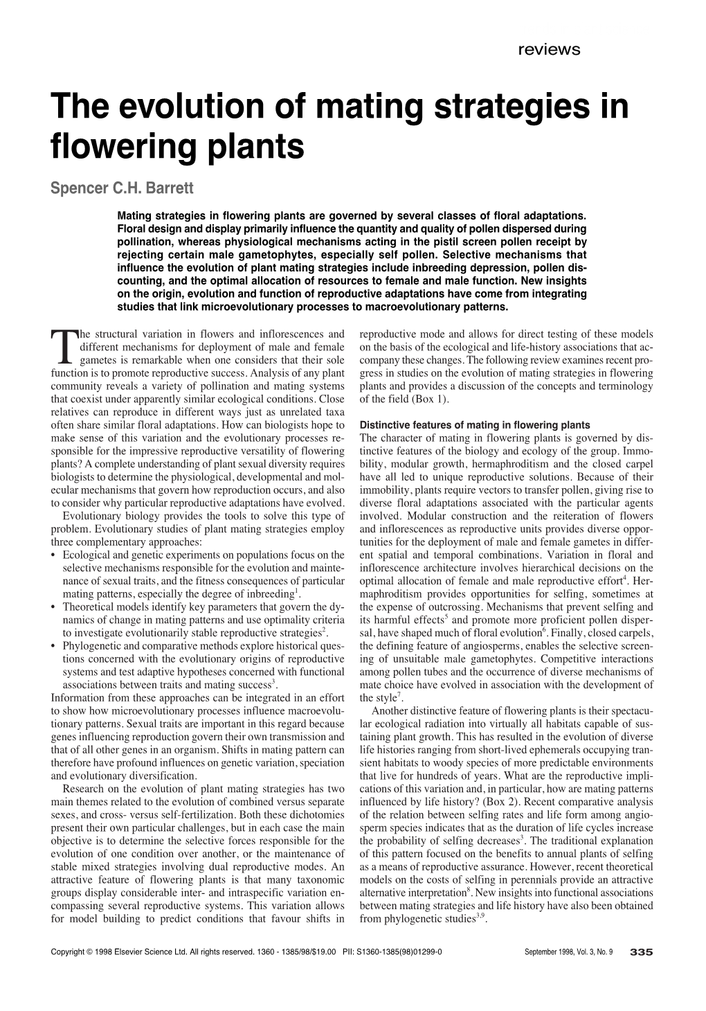 The Evolution of Mating Strategies in Flowering Plants Spencer C.H