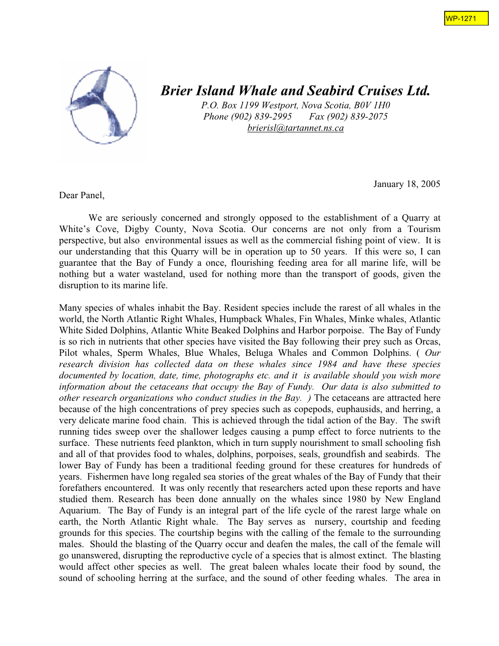 Brier Island Whale and Seabird Cruises Ltd. P.O