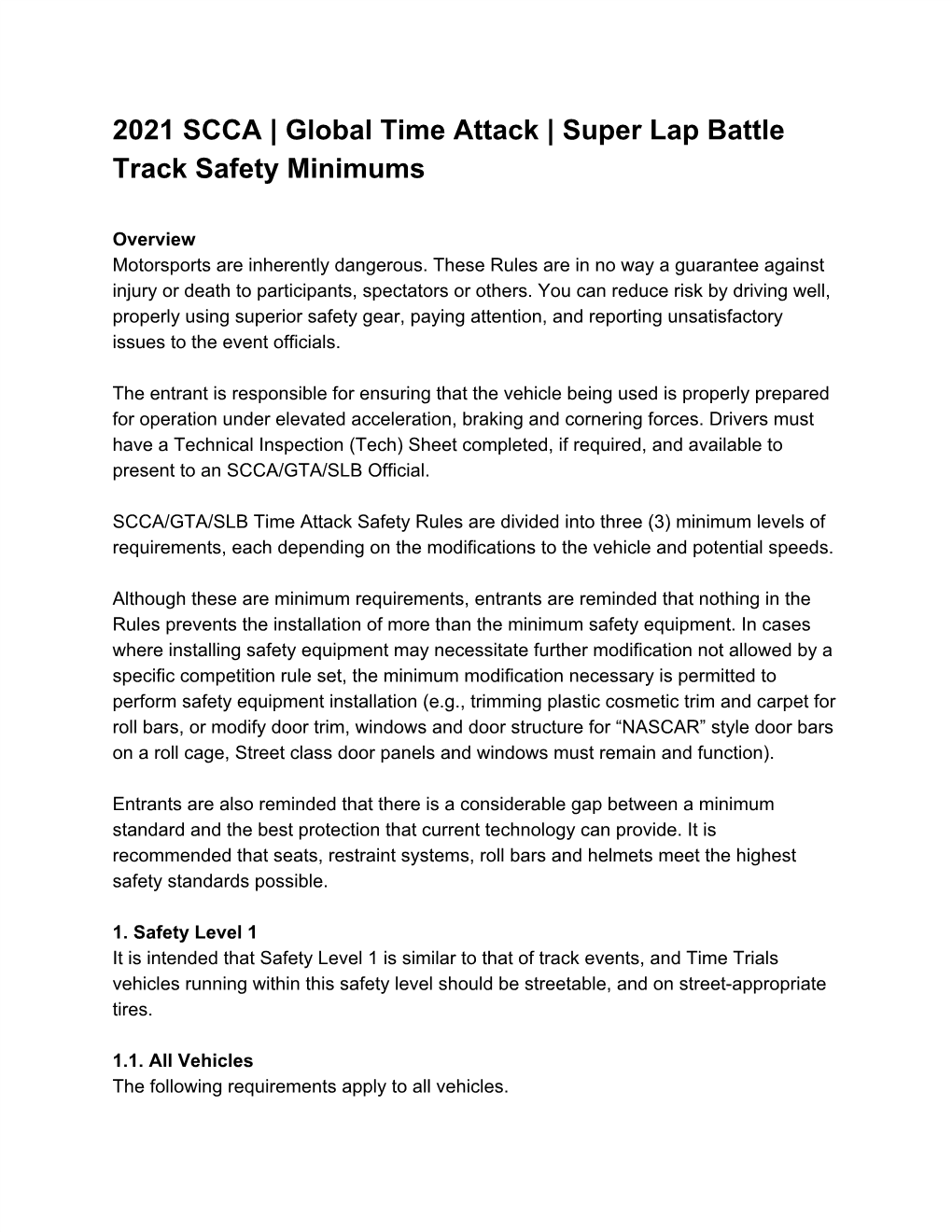 2021 SCCA | Global Time Attack | Super Lap Battle Track Safety Minimums