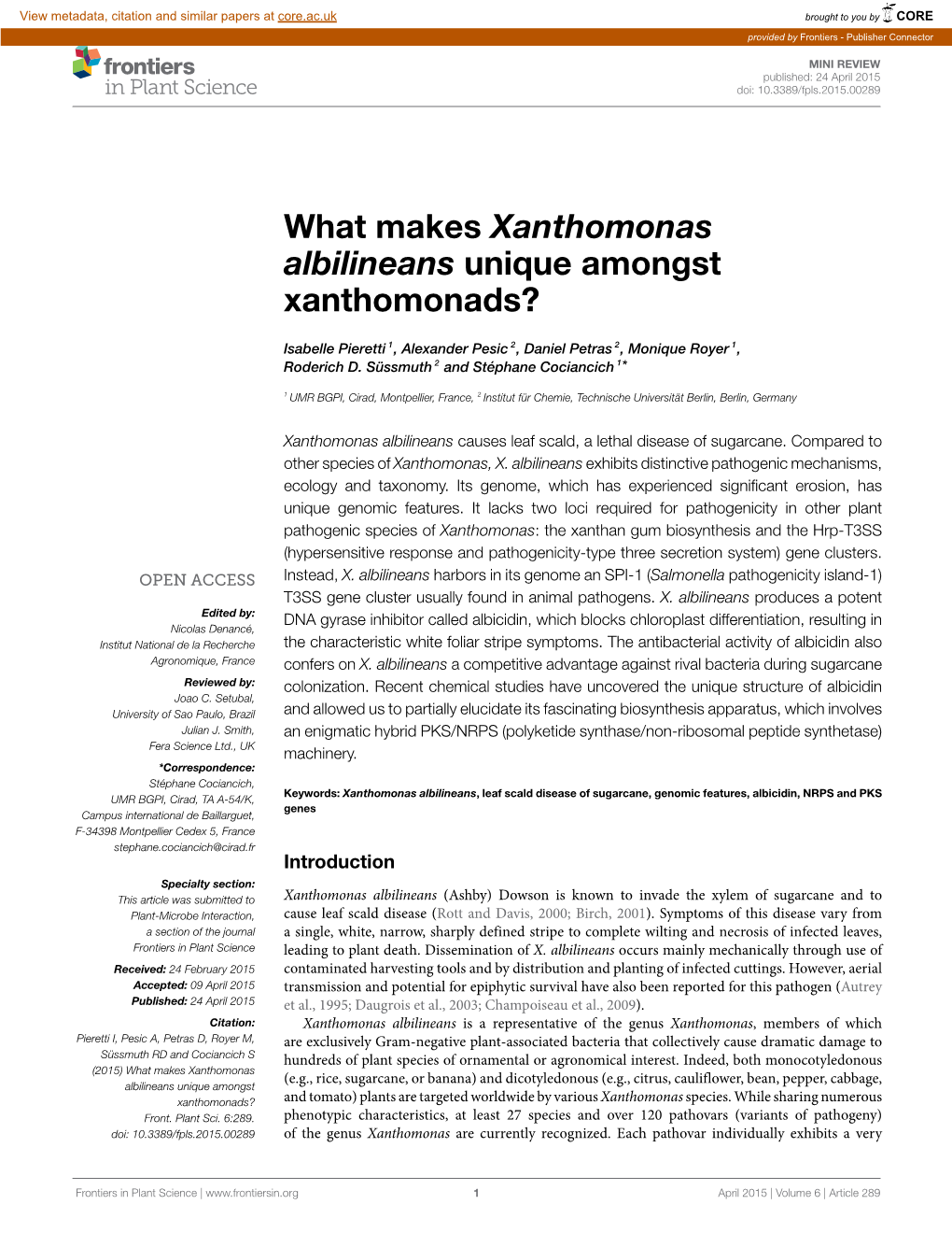 What Makes Xanthomonas Albilineans Unique Amongst Xanthomonads?