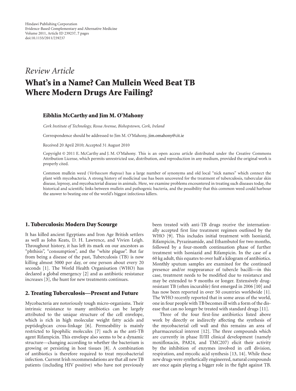 Review Article What's in a Name? Can Mullein Weed Beat TB Where Modern Drugs Are Failing?