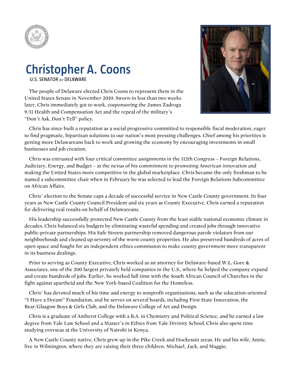 Official Biography of Chris Coons