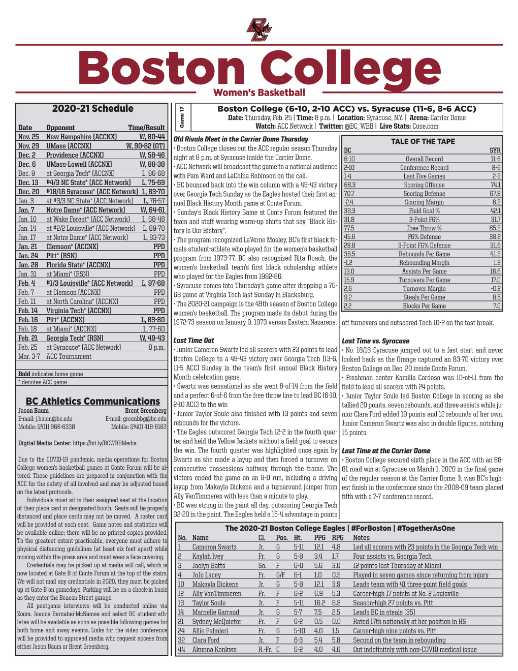 Boston College Women’S Basketball 2020-21 Schedule Boston College (6-10, 2-10 ACC) Vs