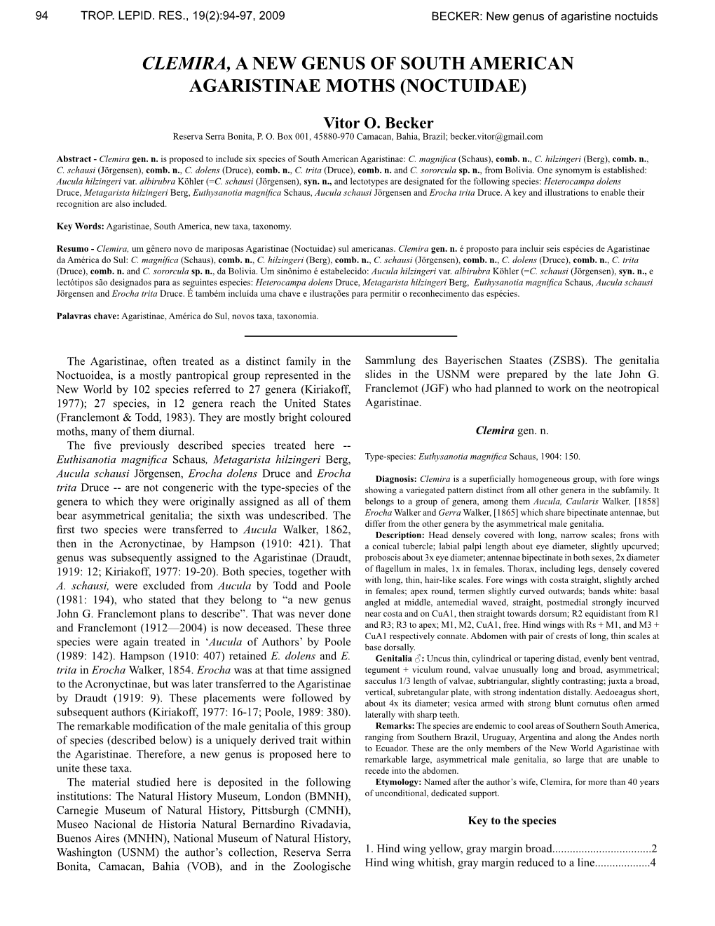 Clemira, a New Genus of South American Agaristinae Moths (Noctuidae)