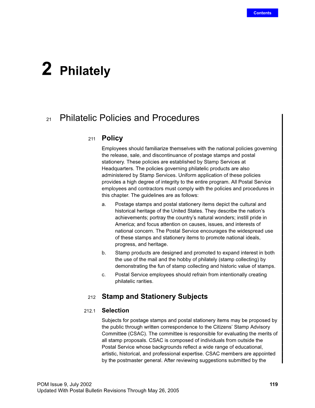 POM Issue 9, July 2002 119 Updated with Postal Bulletin Revisions Through May 26, 2005 Contents