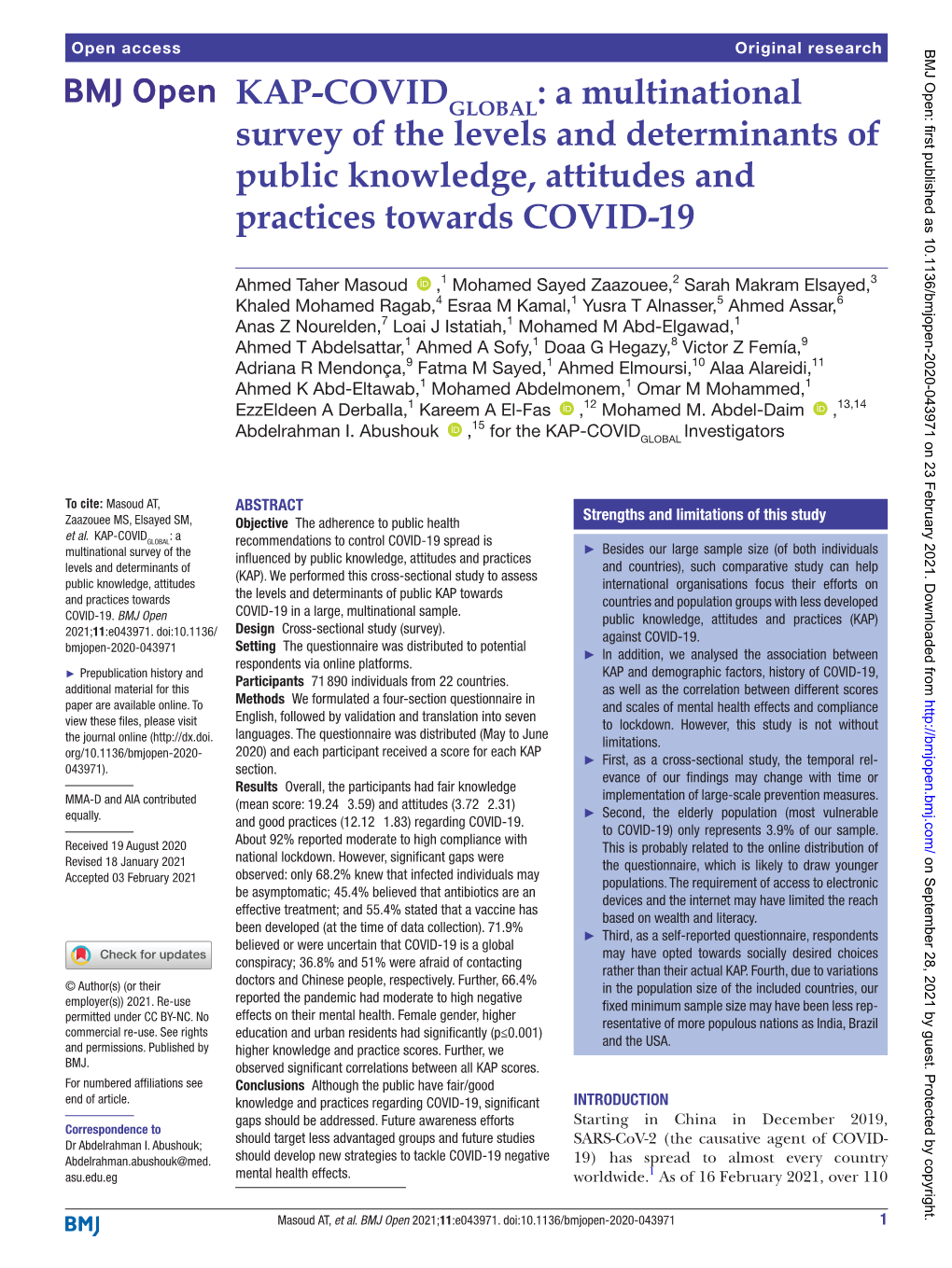 KAP- COVID : a Multinational Survey of the Levels and Determinants Of