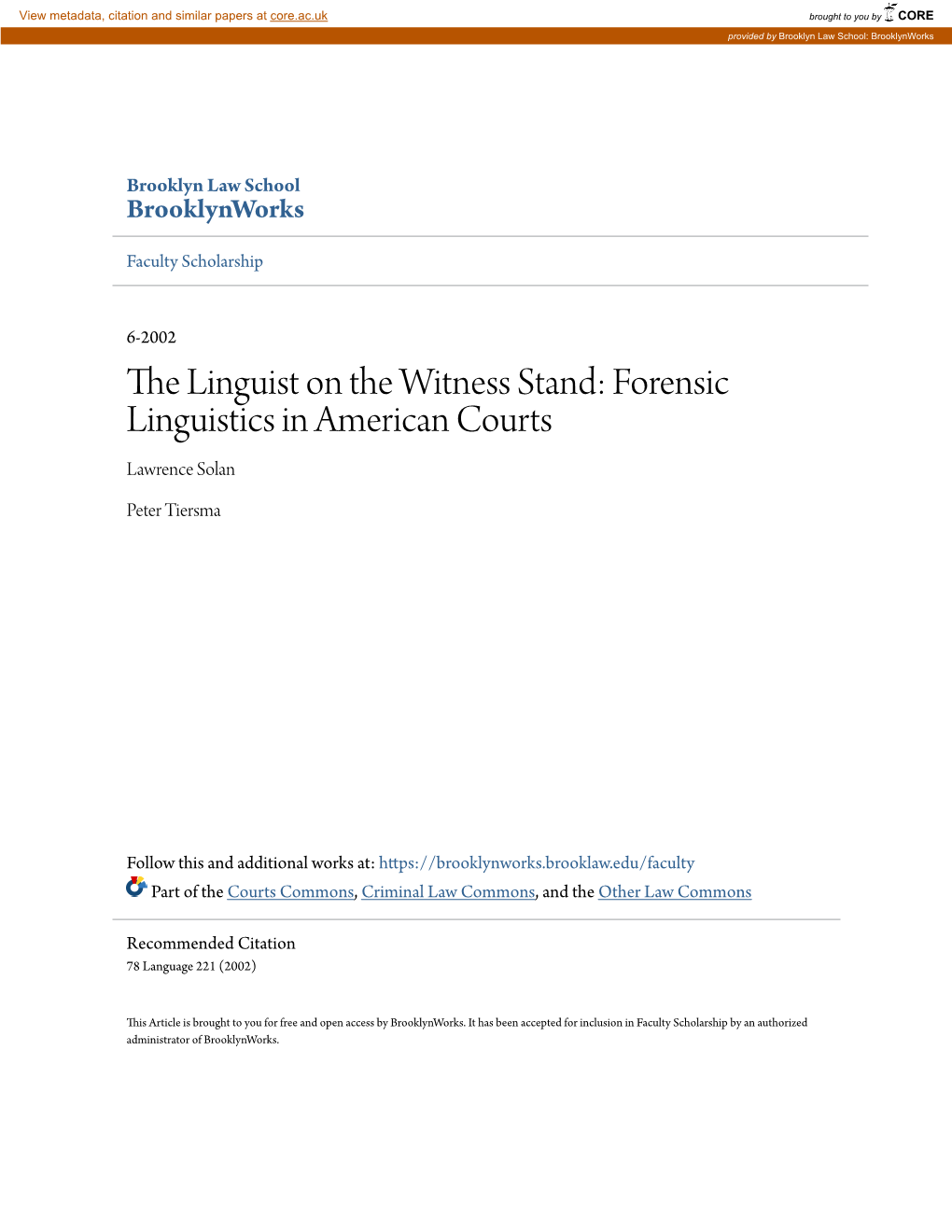 Forensic Linguistics in American Courts Lawrence Solan