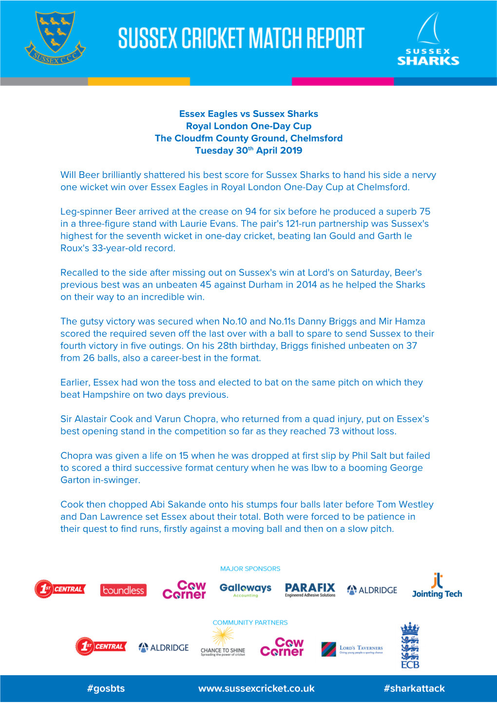 Essex Eagles Vs Sussex Sharks Royal London One-Day Cup the Cloudfm County Ground, Chelmsford Tuesday 30Th April 2019