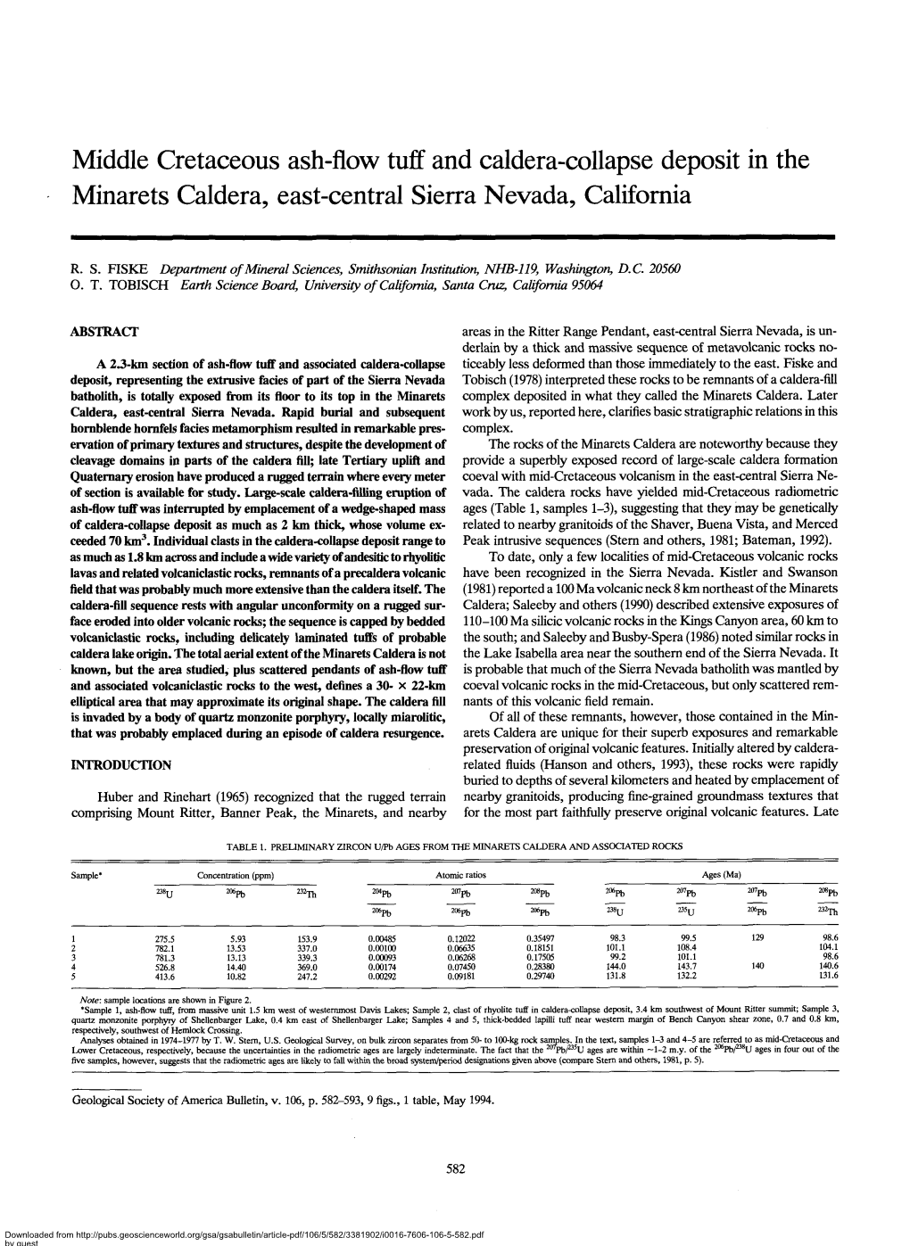 Middle Cretaceous Ash-Flow Tuff and Caldera-Collapse Deposit in the Minarets Caldera, East-Central Sierra Nevada, California