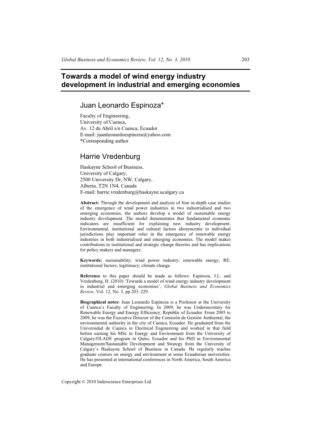 Towards a Model of Wind Energy Industry Development in Industrial and Emerging Economies