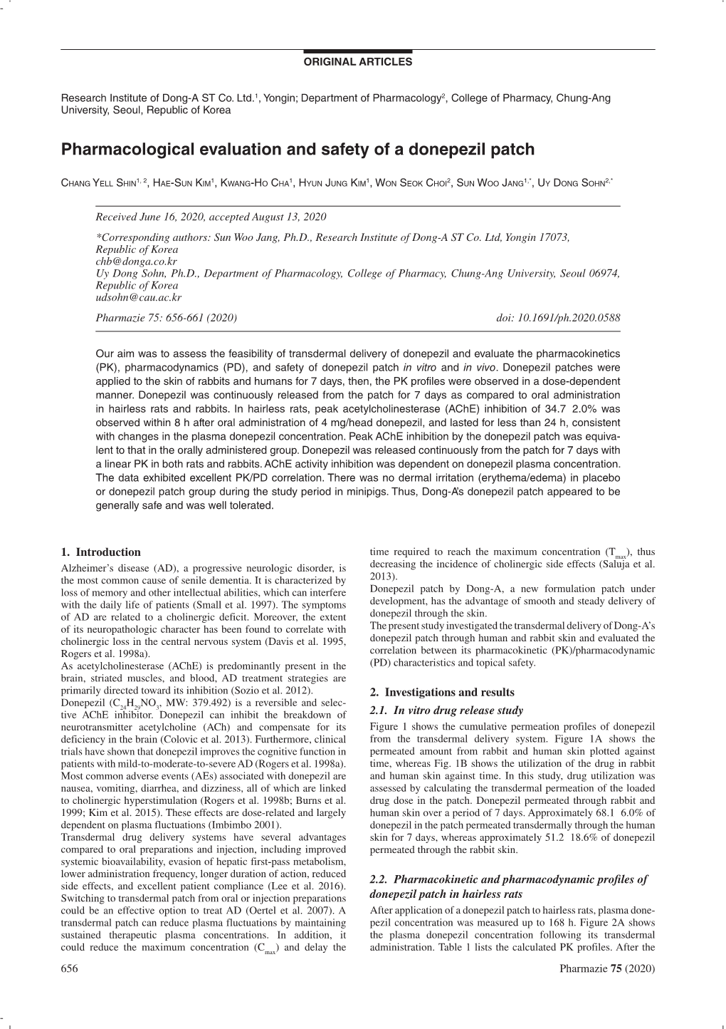 Pharmacological Evaluation and Safety of a Donepezil Patch