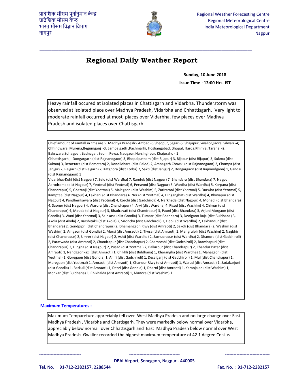 Regional Daily Weather Report