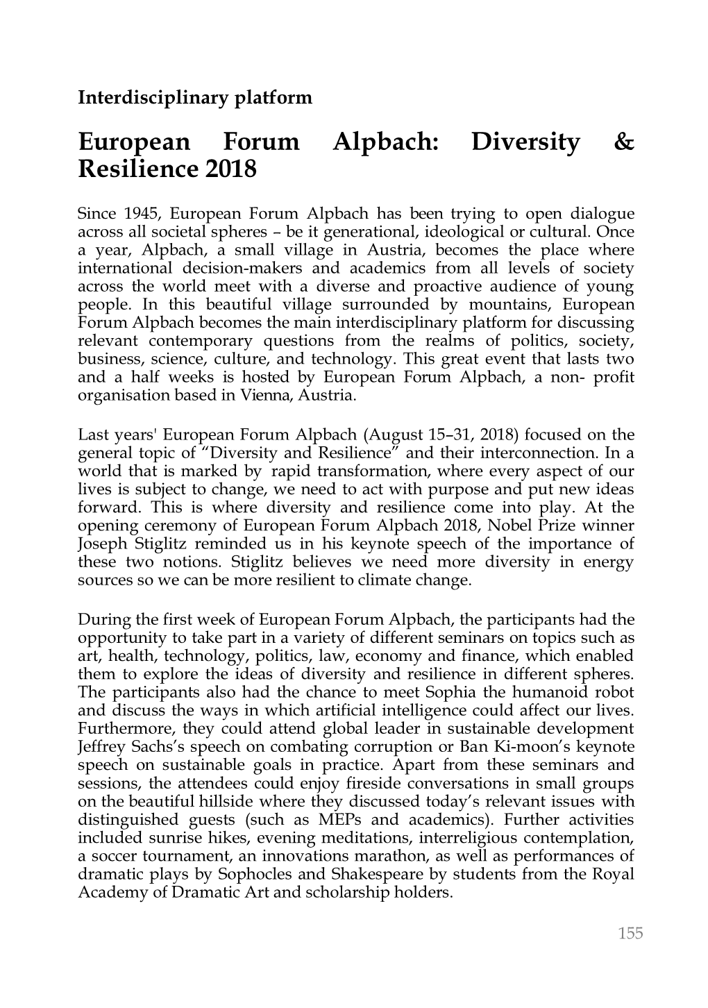 European Forum Alpbach: Diversity & Resilience 2018