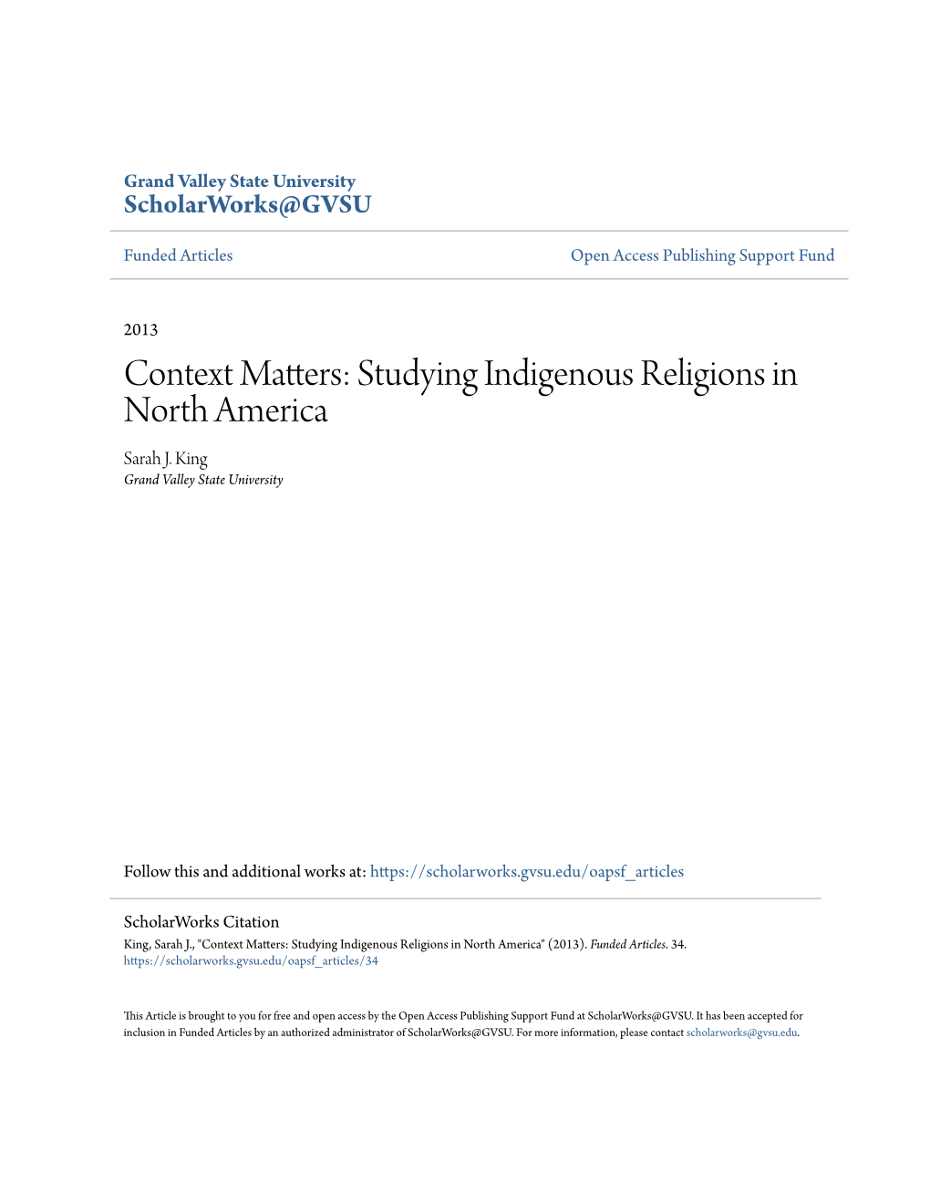 Context Matters: Studying Indigenous Religions in North America Sarah J