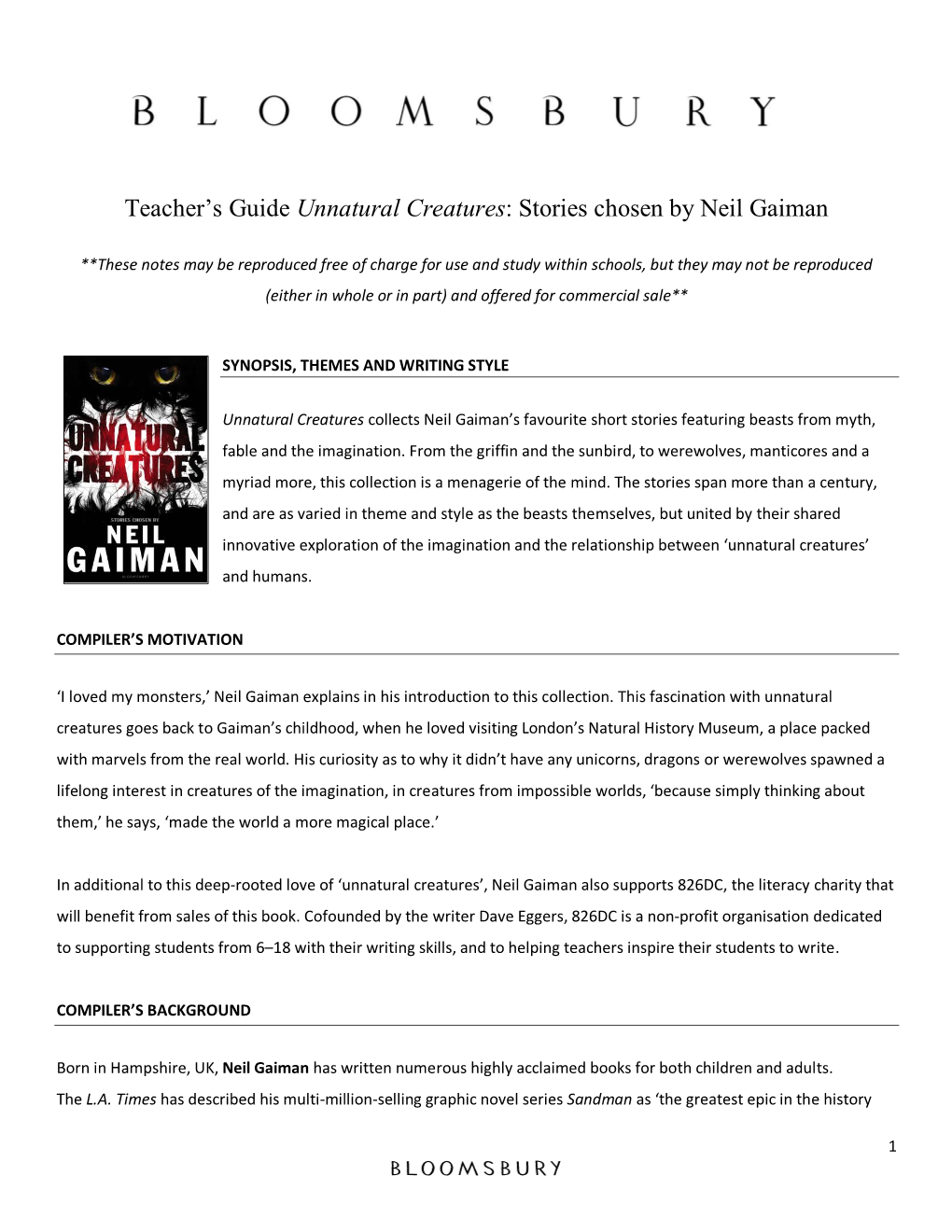 Teacher's Guide Unnatural Creatures: Stories Chosen by Neil Gaiman