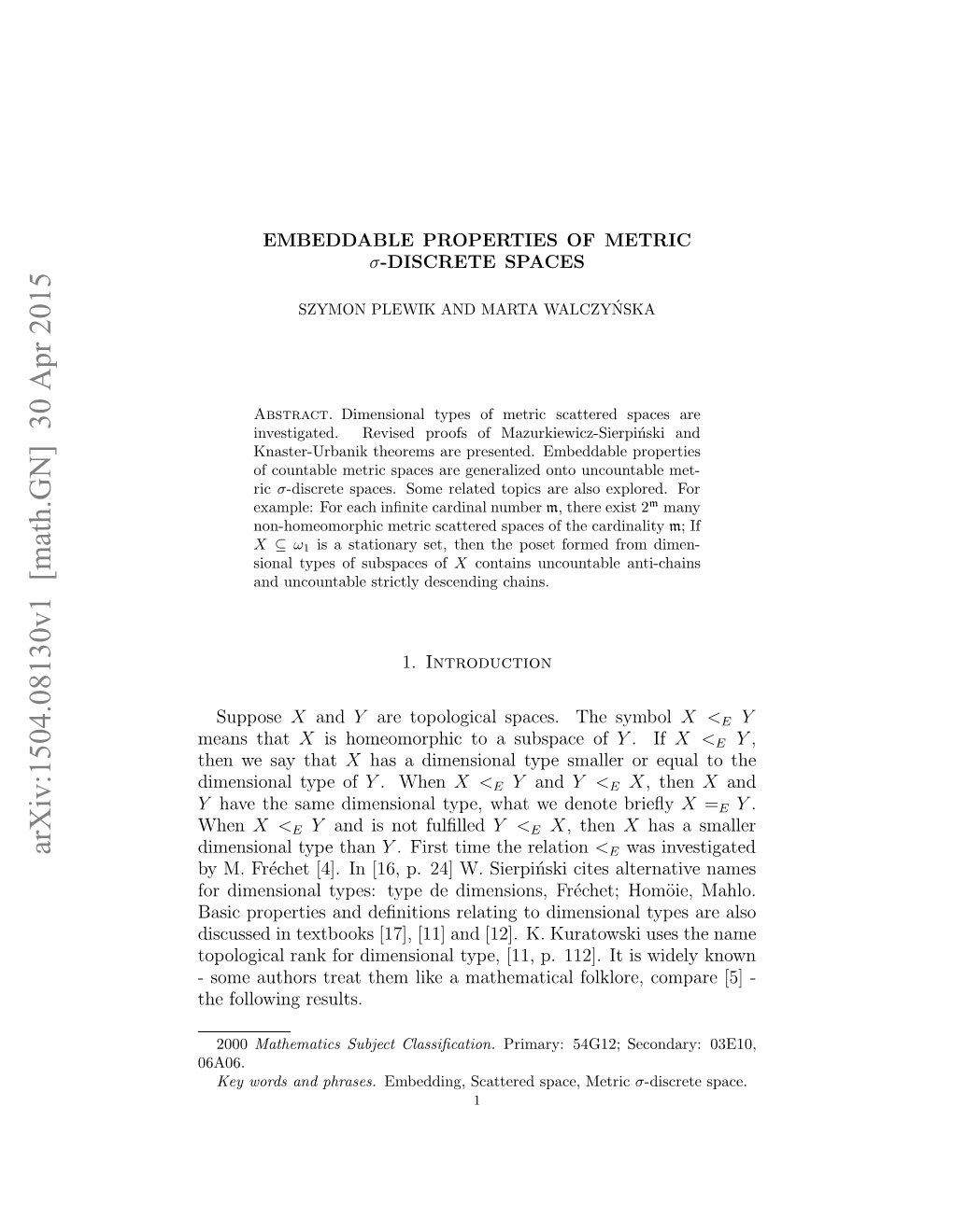 Arxiv:1504.08130V1 [Math.GN] 30 Apr 2015 06A06