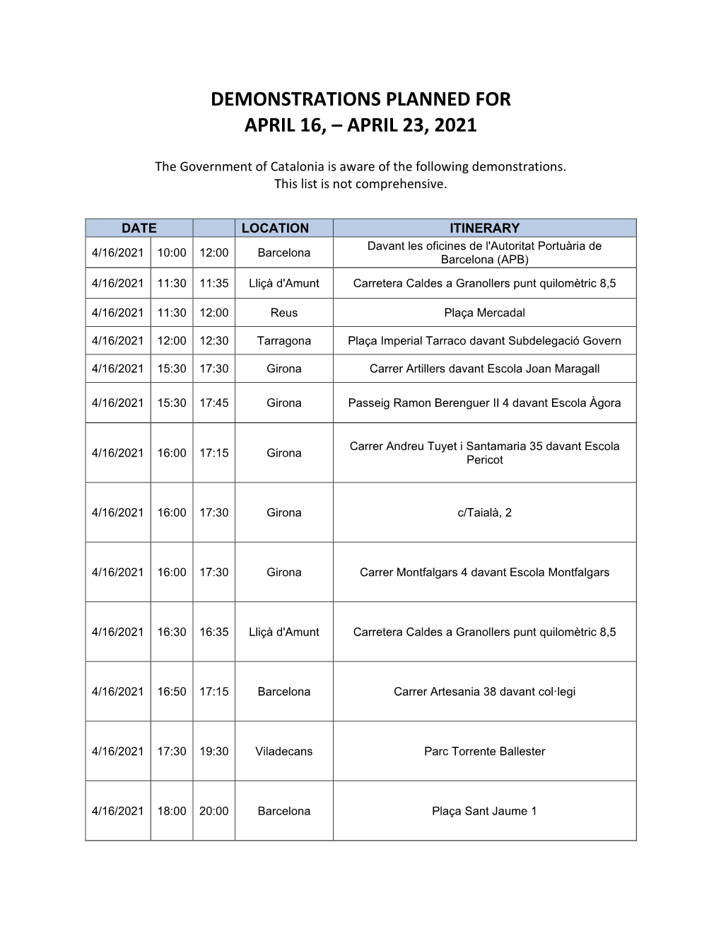 Demonstrations Planned for April 16, – April 23, 2021