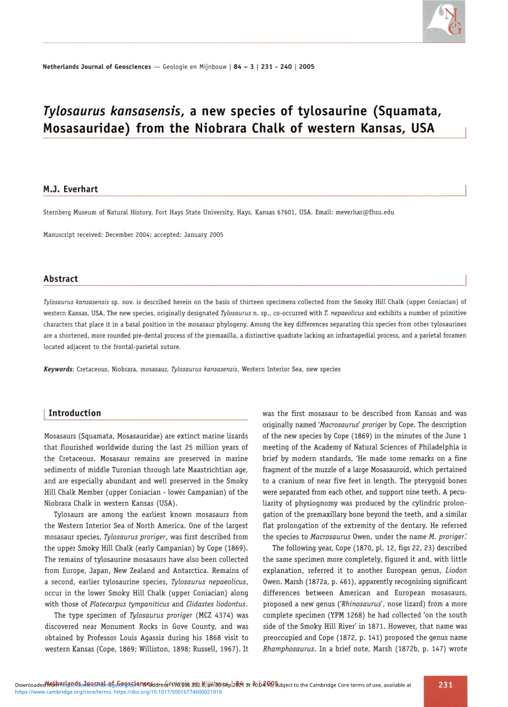 Tylosaurus Kansasensis, a New Species of Tylosaurine (Squamata, Mosasauridae) from the Niobrara Chalk of Western Kansas, USA