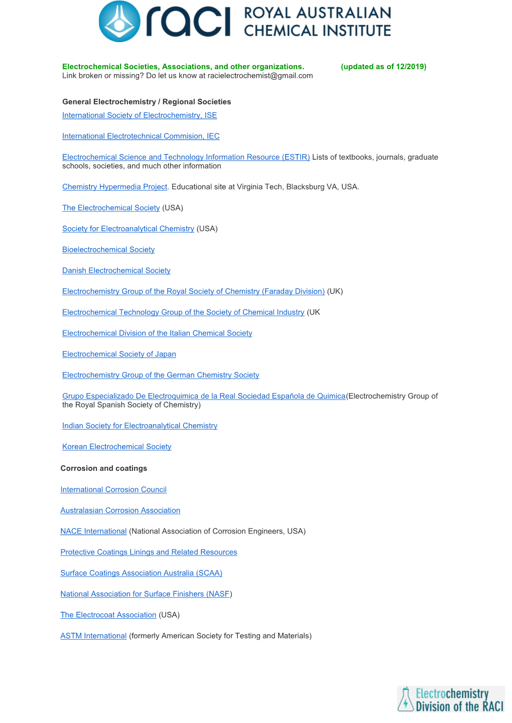 Electrochemical Societies, Associations, and Other Organizations. (Updated As of 12/2019) Link Broken Or Missing? Do Let Us Know at Racielectrochemist@Gmail.Com