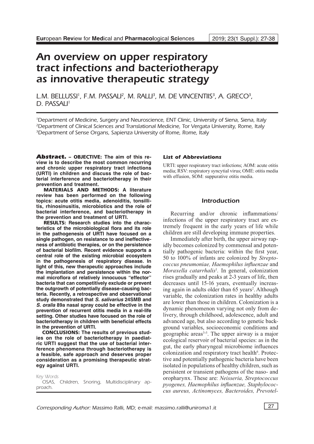 An Overview on Upper Respiratory Tract Infections and Bacteriotherapy As Innovative Therapeutic Strategy
