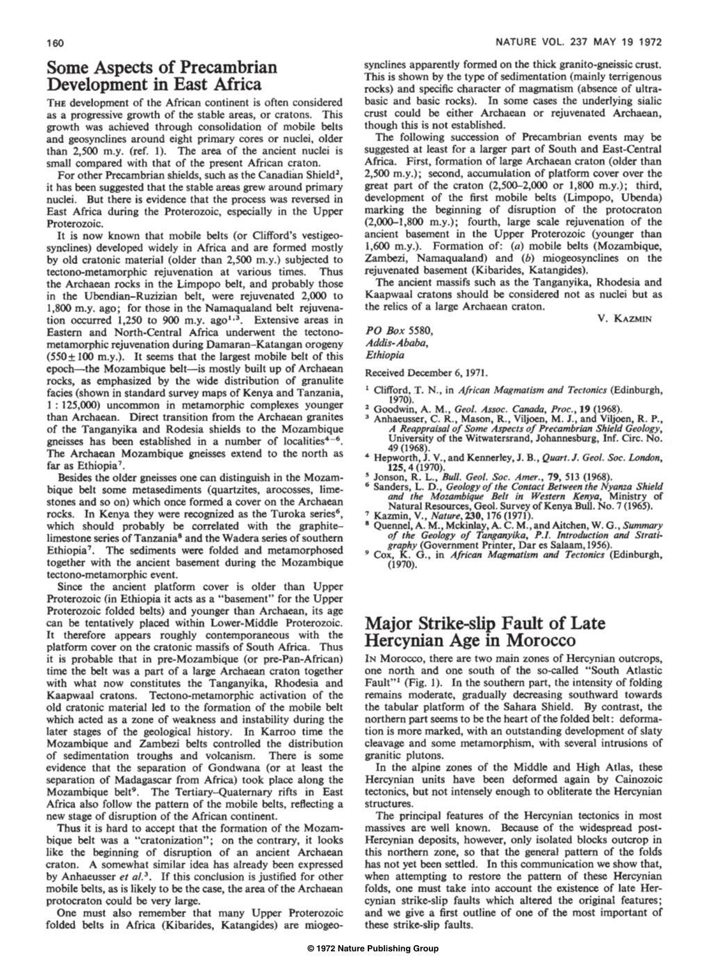 Some Aspects of Precambrian Development in East Africa Major