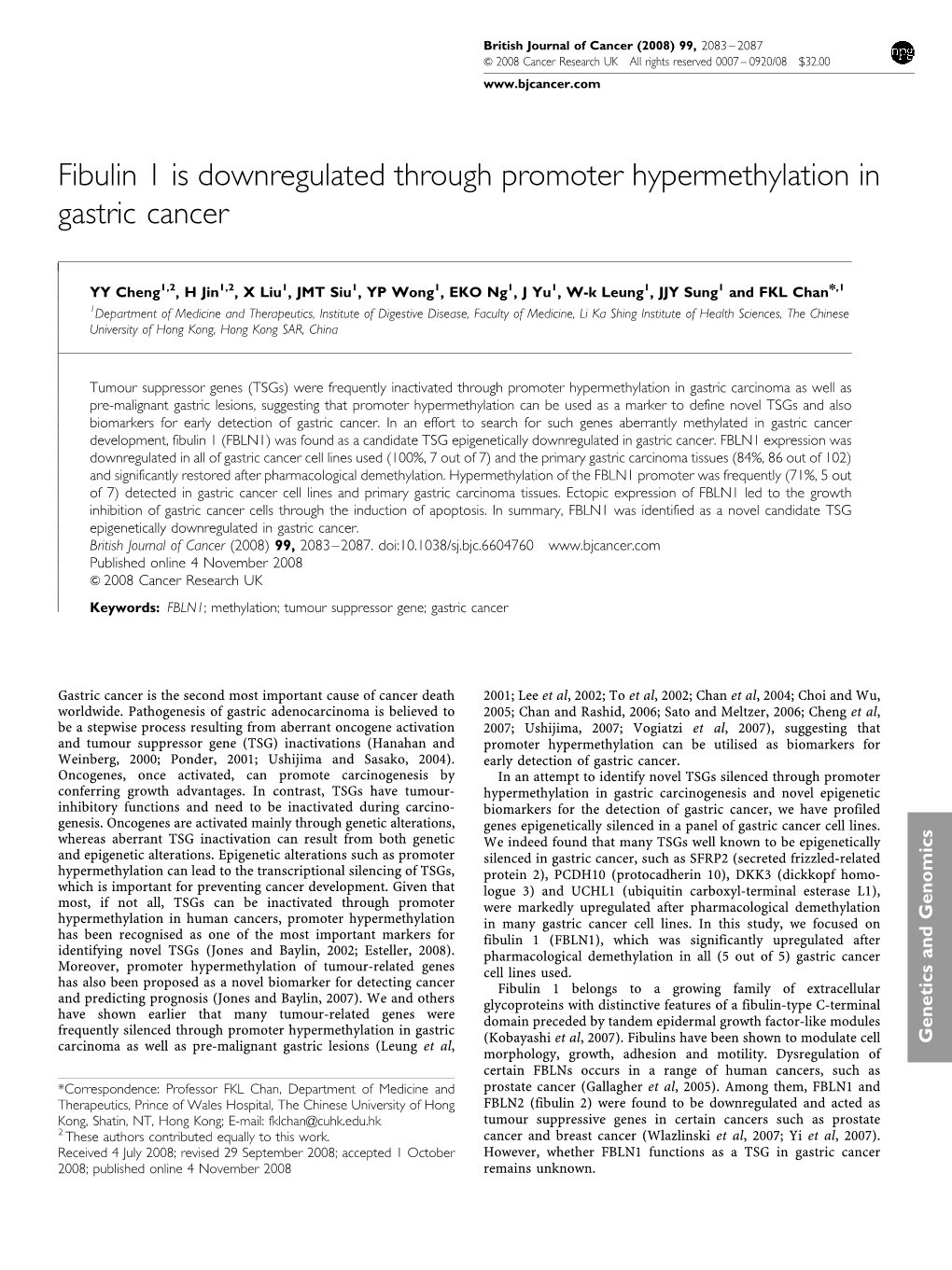 Fibulin 1 Is Downregulated Through Promoter Hypermethylation in Gastric Cancer