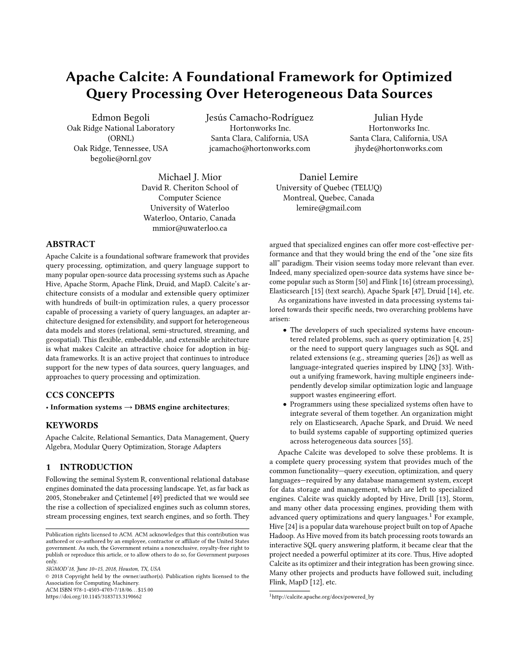 Apache Calcite: a Foundational Framework for Optimized Query Processing Over Heterogeneous Data Sources