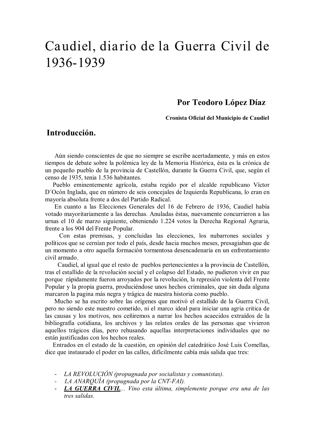 Caudiel, Diario De La Guerra Civil De 1936-1939