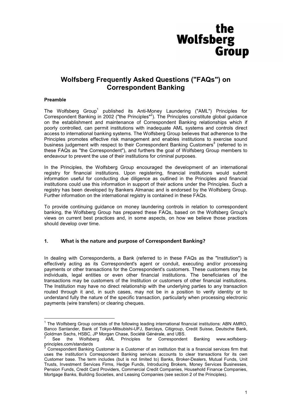 Wolfsberg Frequently Asked Questions ("Faqs") on Correspondent Banking