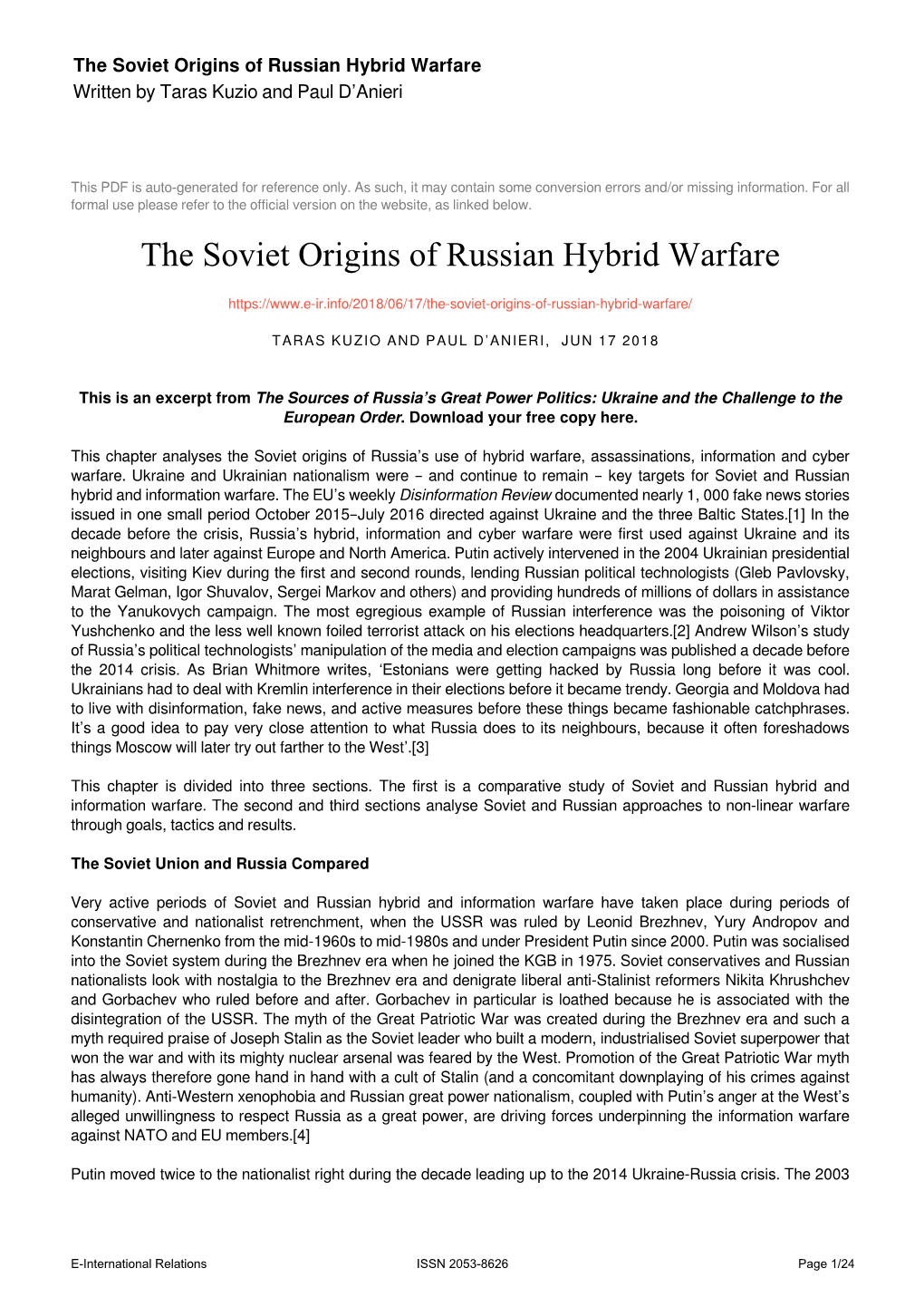 The Soviet Origins of Russian Hybrid Warfare Written by Taras Kuzio and Paul D’Anieri