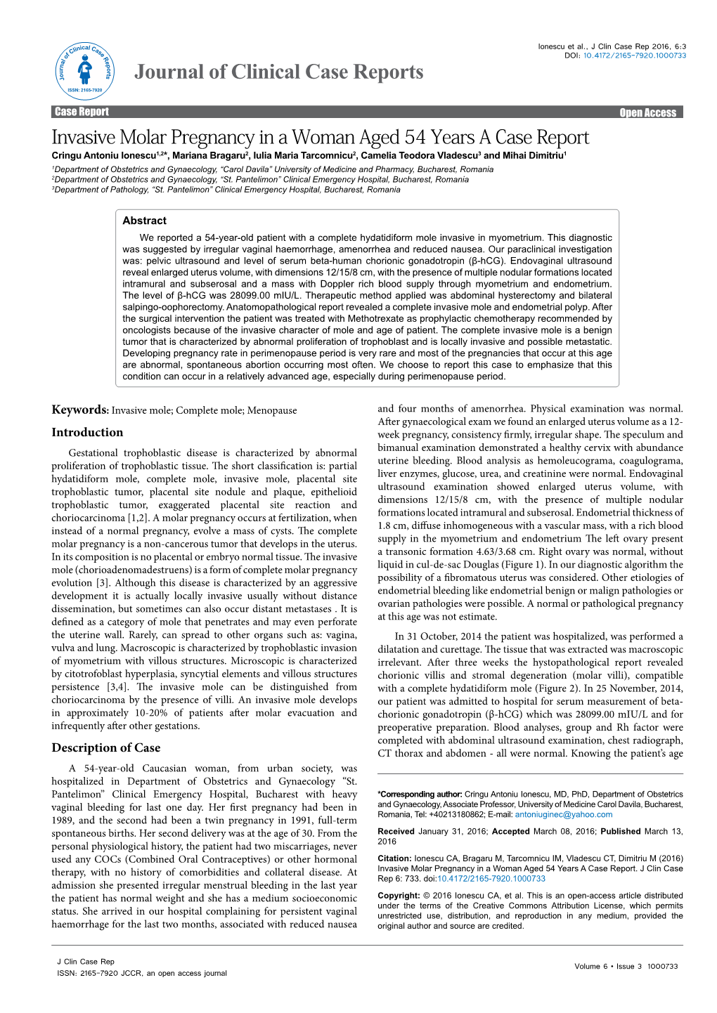 Invasive Molar Pregnancy in a Woman Aged 54 Years a Case Report